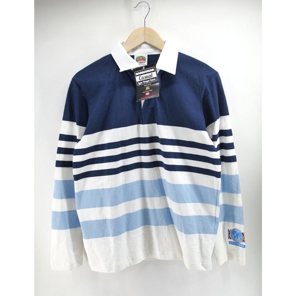 Barbarian Rugby Wear Polo Shirt Ladie Large Blue Striped‎ Heavy Cotton NEW